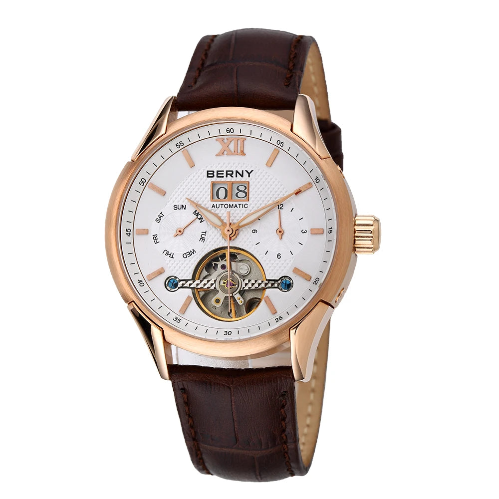 BERNY Automatic Watch for Men Auto Self-wind Mechanical Watches Date Skeleton 5ATM Luxury Male Wristwatches