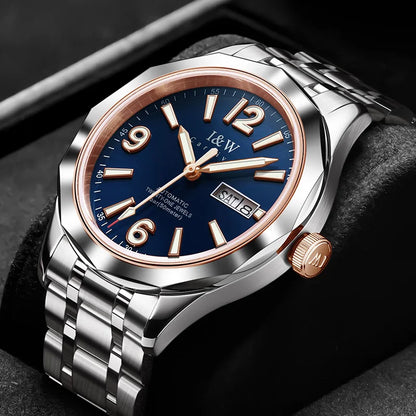 Prabangus mechaninis vyriškas laikrodis „Reloj CARNIVAL“ iš volframo, su automatiniu mechanizmu „MIYOTA 8205“, atsparus vandeniui.