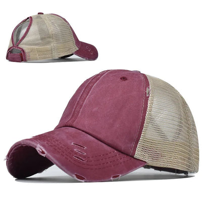 1pc Vintage Ponytail Mesh Baseball Cap,Adjustable Outdoor Sun Protection Washed Distress Trucker Hat,Suitable for Spring/Autumn