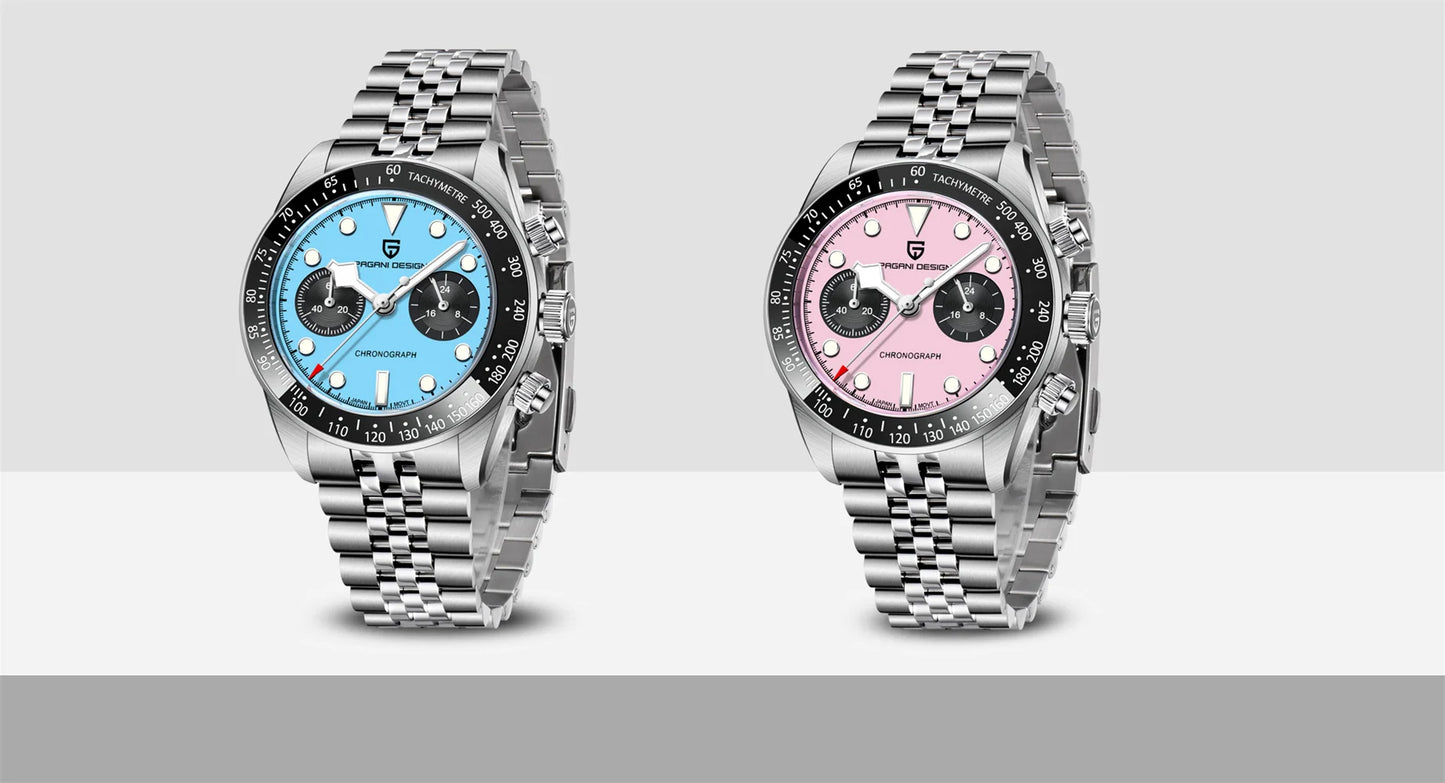 PAGANI DESIGN Men Watches 2026 New Pink BB Panda Dial Chronograph Fashion Luxury Quartz Watch For Men VK64 Movt Waterproof Watch