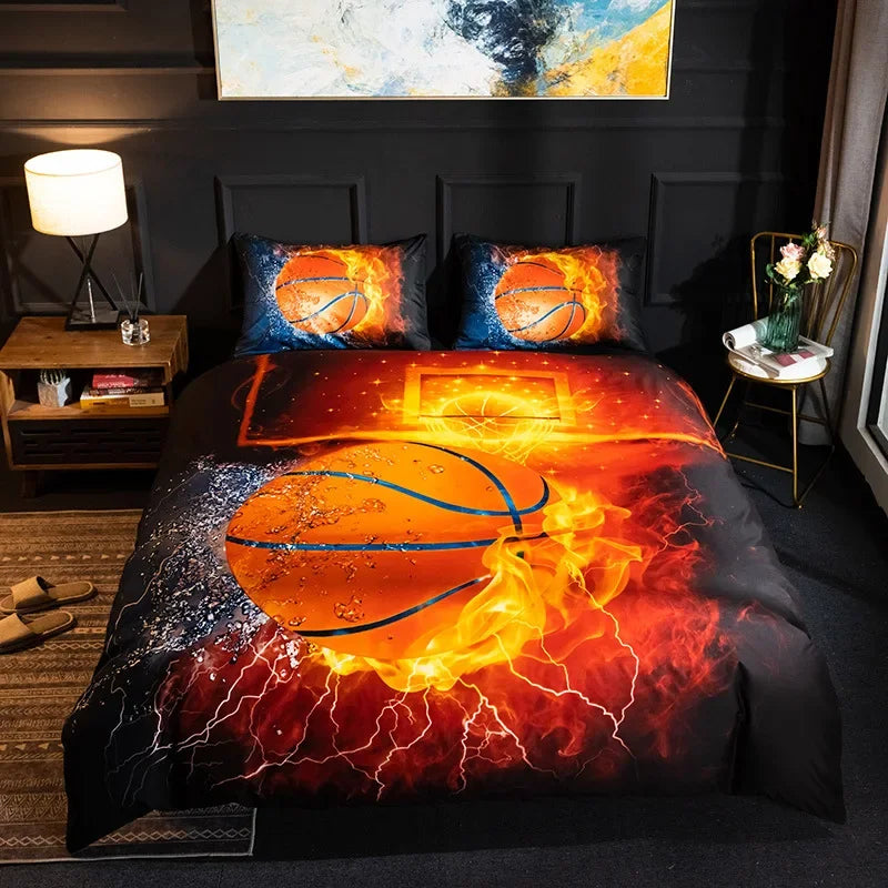 Capa de Edredão King Size com Estampado de Bolas — Conjunto de Roupa de Cama Desportivo de Futebol e Basquetebol, Duplo e Individual, Têxtil para Casa