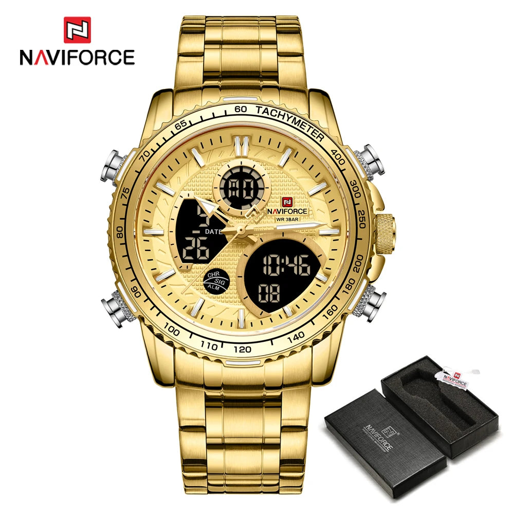 NAVIFORCE Herren-Sportuhr – Originelle Luxus-Armbanduhr aus Edelstahl, wasserdichtes Militärmodell mit doppelter Anzeige