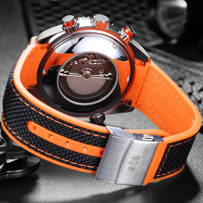 PAULAREIS P Relógio mecânico automático de luxo para homem com corda automática, bracelete em borracha, impermeável, luminoso, com data, relógio de moda masculino