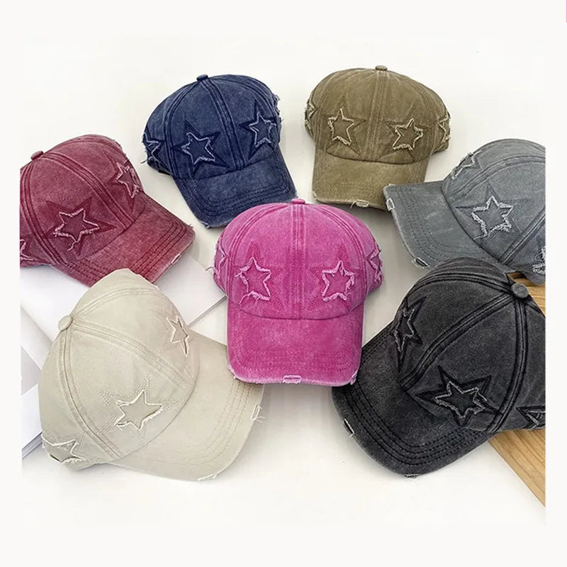 Damska czapka baseballowa z wyblakłą bawełną i motywem pięcioramiennej gwiazdy – modna czapka typu „dad hat” w stylu ulicznym