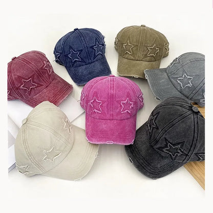 Damska czapka baseballowa z wyblakłą bawełną i motywem pięcioramiennej gwiazdy – modna czapka typu „dad hat” w stylu ulicznym