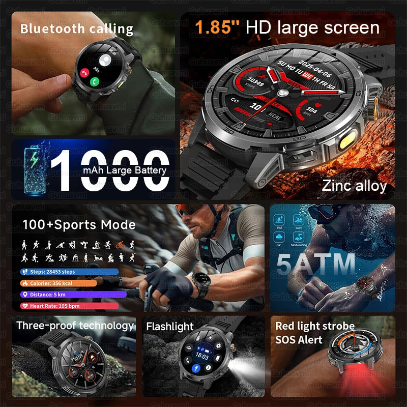 2026 New Military Outdoor Smart Watch 1.85‘’ AMOLED 1000mAh Large Battery 5ATM Waterproof Voice Call Sports Men Fitness Bracel