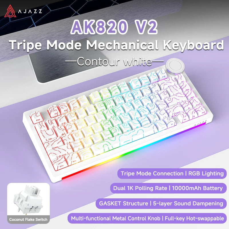 AJAZZ AK820 V2 / AK820 V2 Pro Gaming Mechanical Keyboard 75% ABS 82 Keys 10000mAh Wireless Tri-mode Gamer Keyboard for Laptop PC
