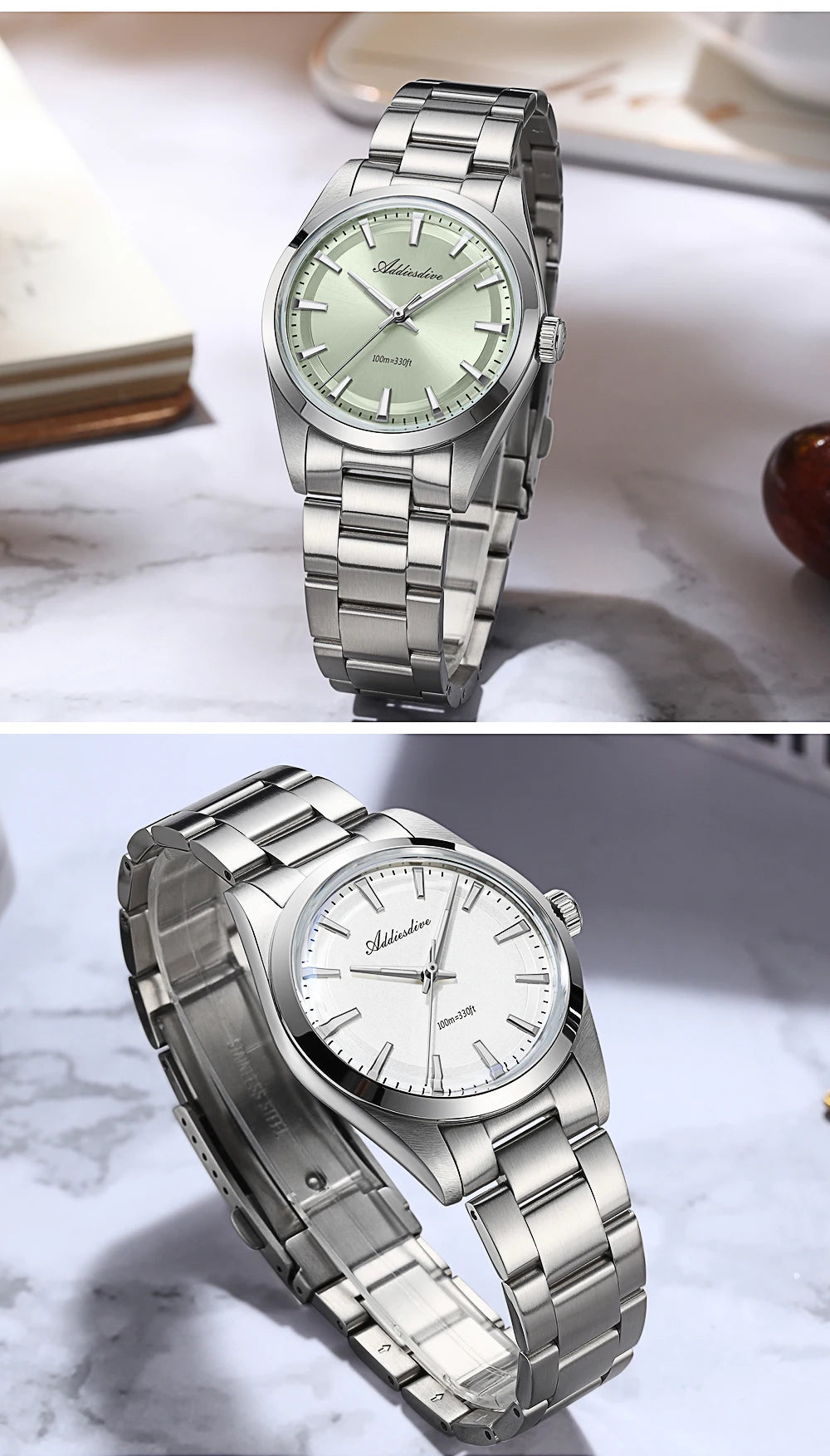 Orologio da uomo ADDIESDIVE in acciaio, stile di lusso, dotato di vetro bombato, movimento al quarzo e rivestimento luminescente blu BGW9; impermeabile fino a 100 ATM, display analogico – Modello AD2066