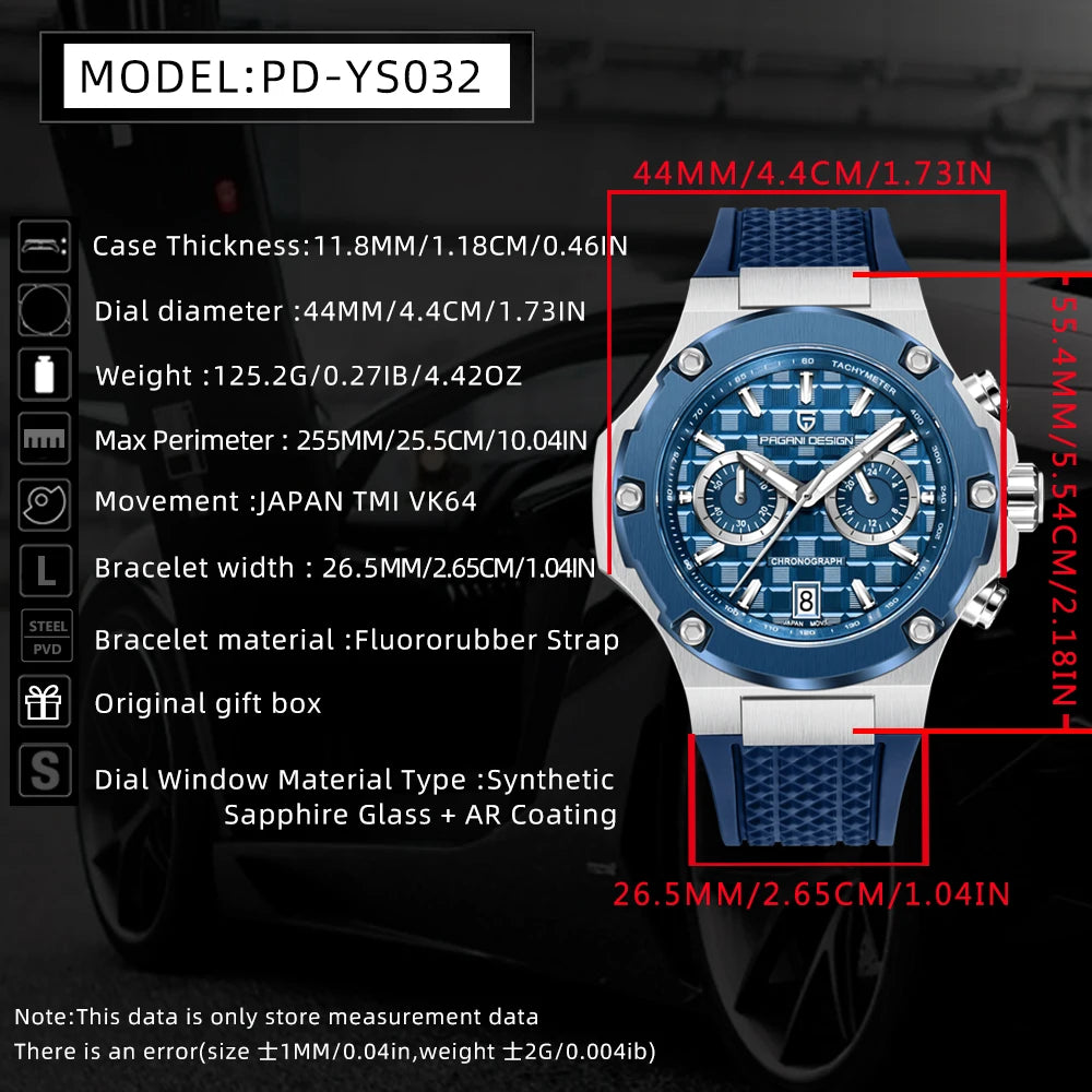 PAGANI DESIGN Men's Watches Luxury Rose Gold Sport Chronograph Japan VK64 Quartz Watch For Men Fluororubber Strap Wristwatch Men