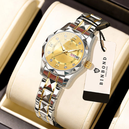 Montre pour femme BINBOND : montre à quartz robuste, luxueuse, luminescente et étanche, dotée d'un affichage précis de la date et du jour de la semaine.