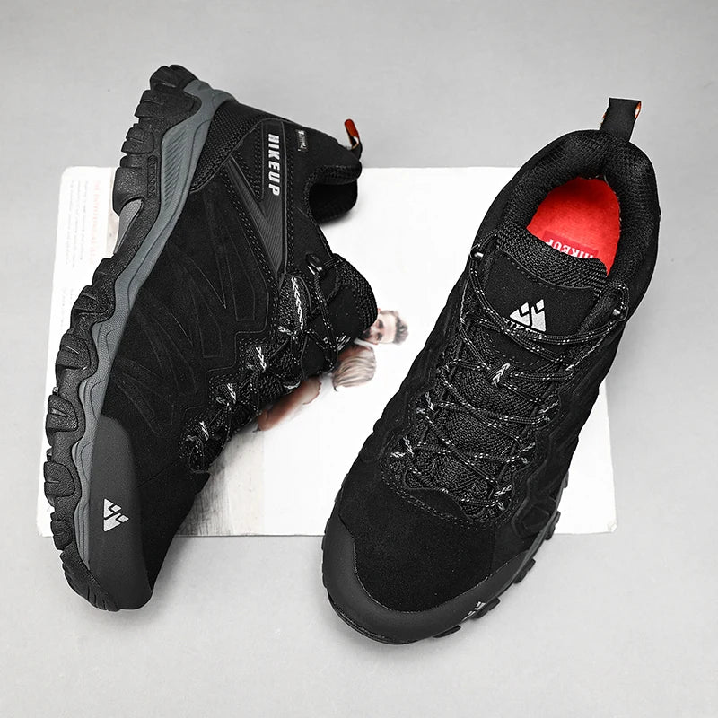 HIKEUP High-Quality Leather Hiking Shoes, Durable Outdoor Sport Men Trekking Leather Shoes, Lace-Up Climbing Hunting Sneakers