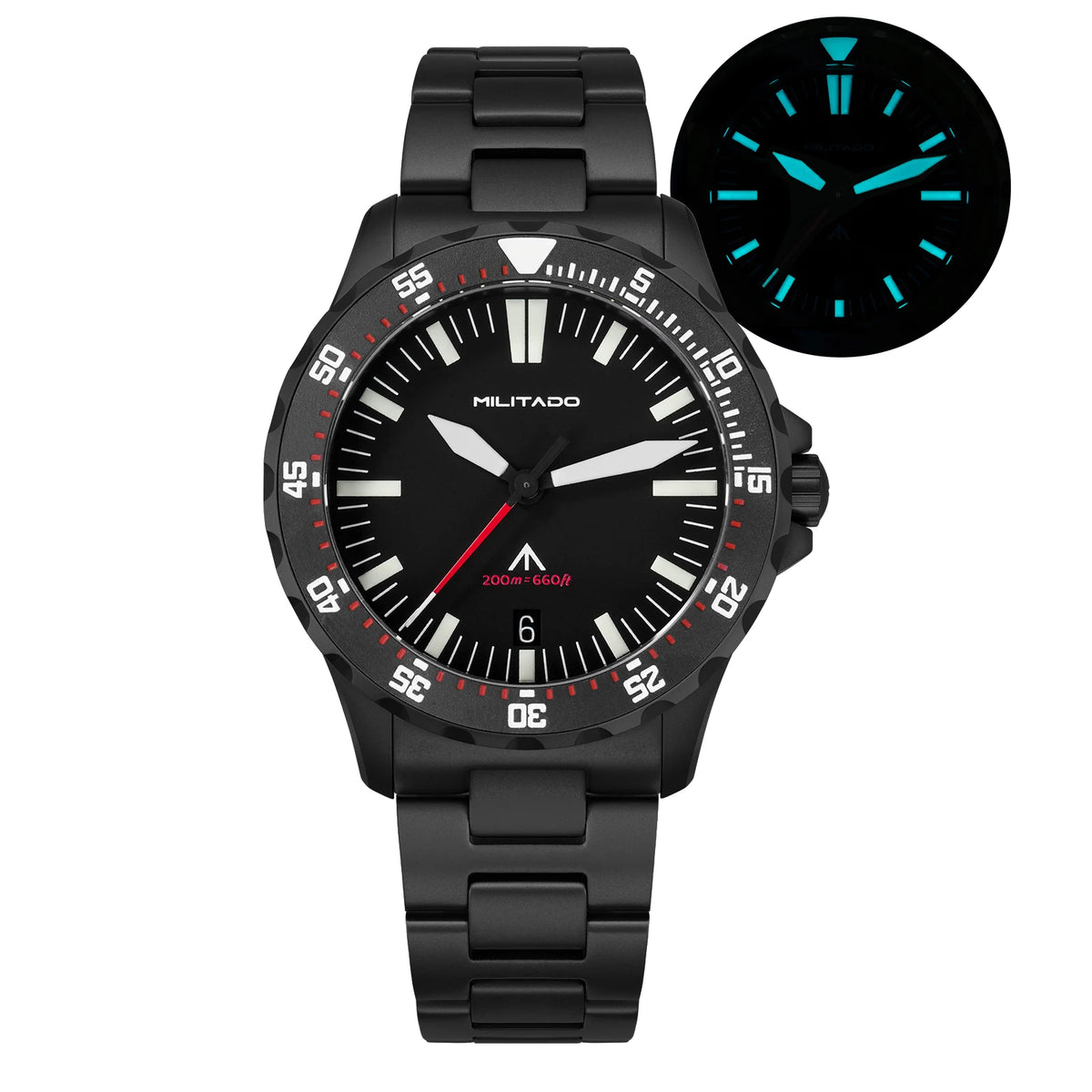 Militado ML16 39mm Quartz Dive Watch Sapphire Crystal 200M Water Resistant Ceramic Bezel BGW9 Lume Screw Down Crown