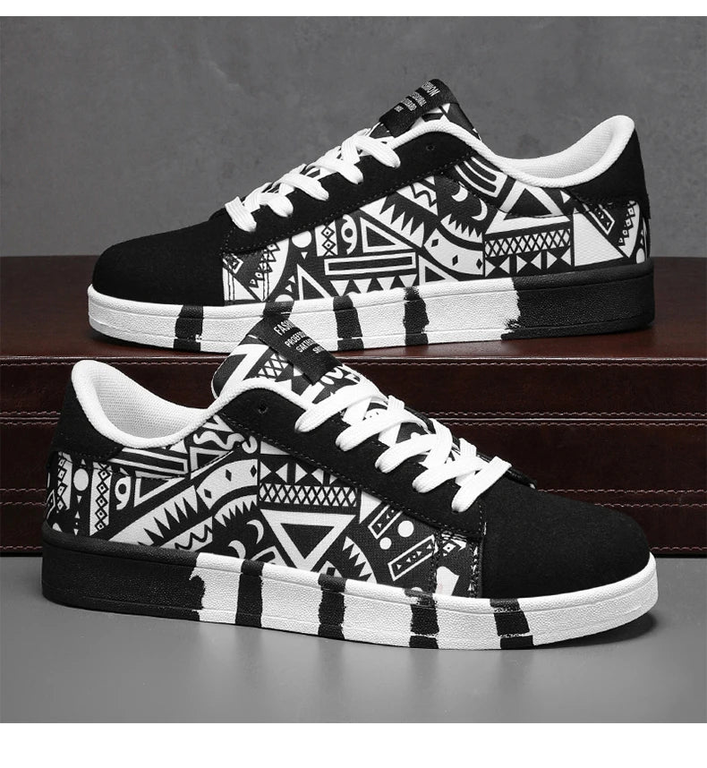 YRZL Men's Sports Running Shoes Canvas Geometric Style Lace-Up Sneakers Couples' Fashionable Graffiti Print Skate Shoes Men