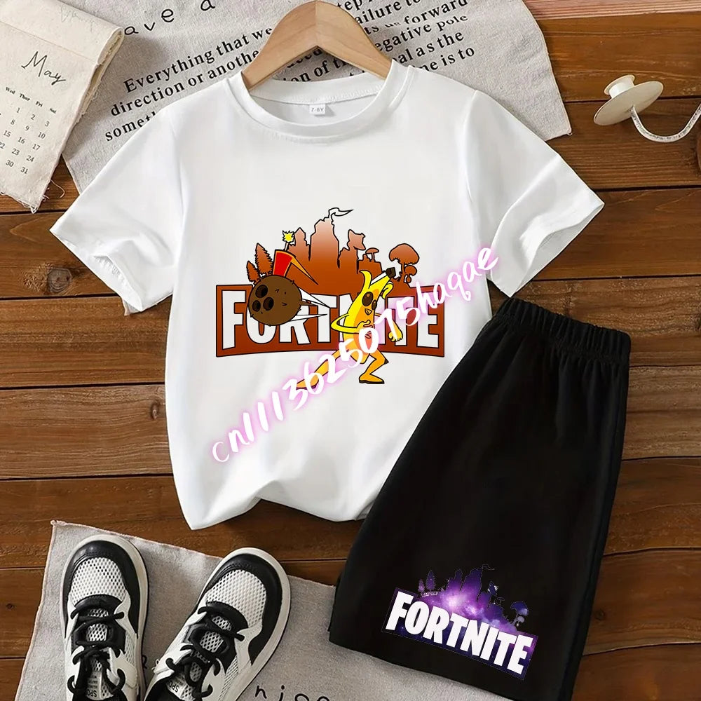 Fortnites Series T-shirt Shorts Suit for Children Hot Game Top and Pants Set Summer Cute Home Loungewear Outfit Birthday Gift
