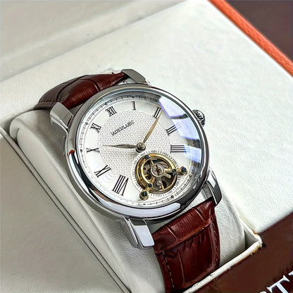 Automatinis mechaninis vyriškas laikrodis – elegantiškas skeleto dizainas, madingas „business casual“ stilius, korpusas iš lydinio ir odinis dirželis, be baterijos