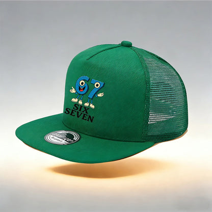 1/2PC Flat Brim Mesh Trucker Hat, Breathable, Cartoon 67 SIX SEVEN Anthropomorphic Print, Retro Streetwear for Men Women