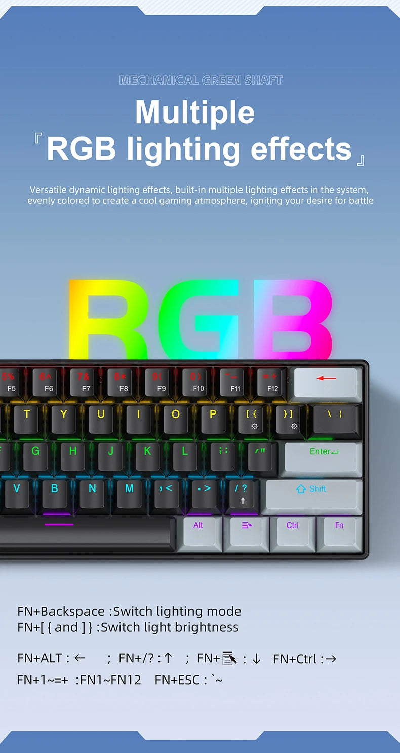 Teclado mecánico mini APAYADO K61, con cable, 61 teclas, Phantom RGB, negro/blanco, interruptor mecánico rojo/azul para gaming, portátil 60%