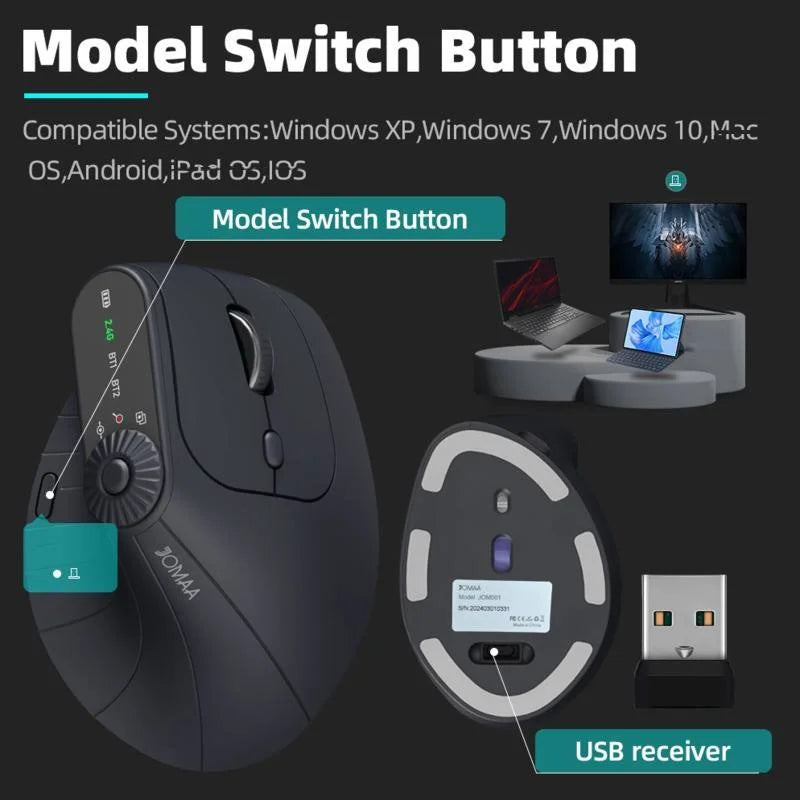Rato gaming vertical sem fios ergonómico 2.4GHz BT RGB, modo duplo, para portátil, computador de secretária e escritório, silencioso