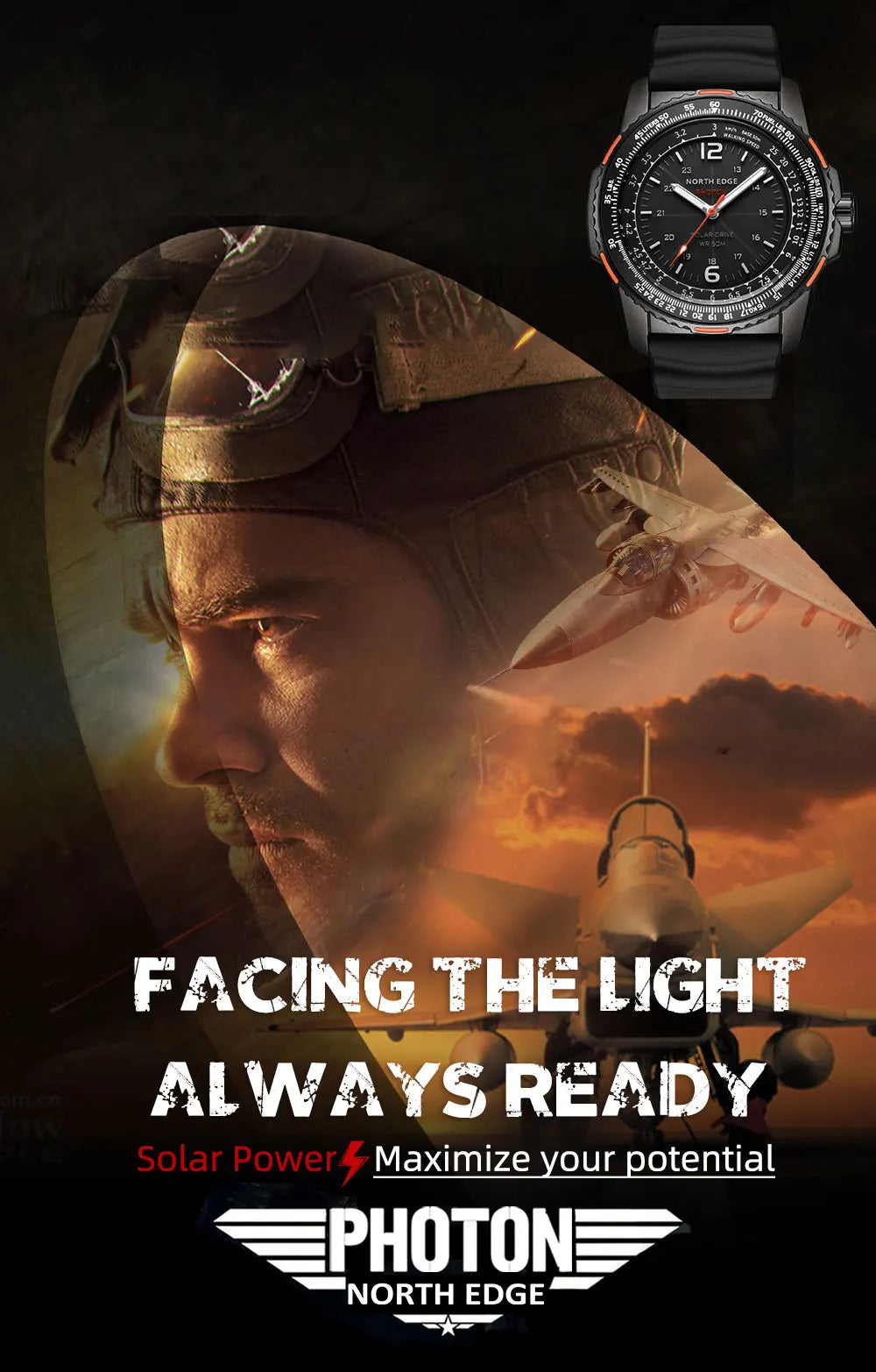 NORTH EDGE PHOTON Men Digital Military Watch Waterproof 50M Men's Sport Wristwatches Solar Power Luminous Enviormentally Clock