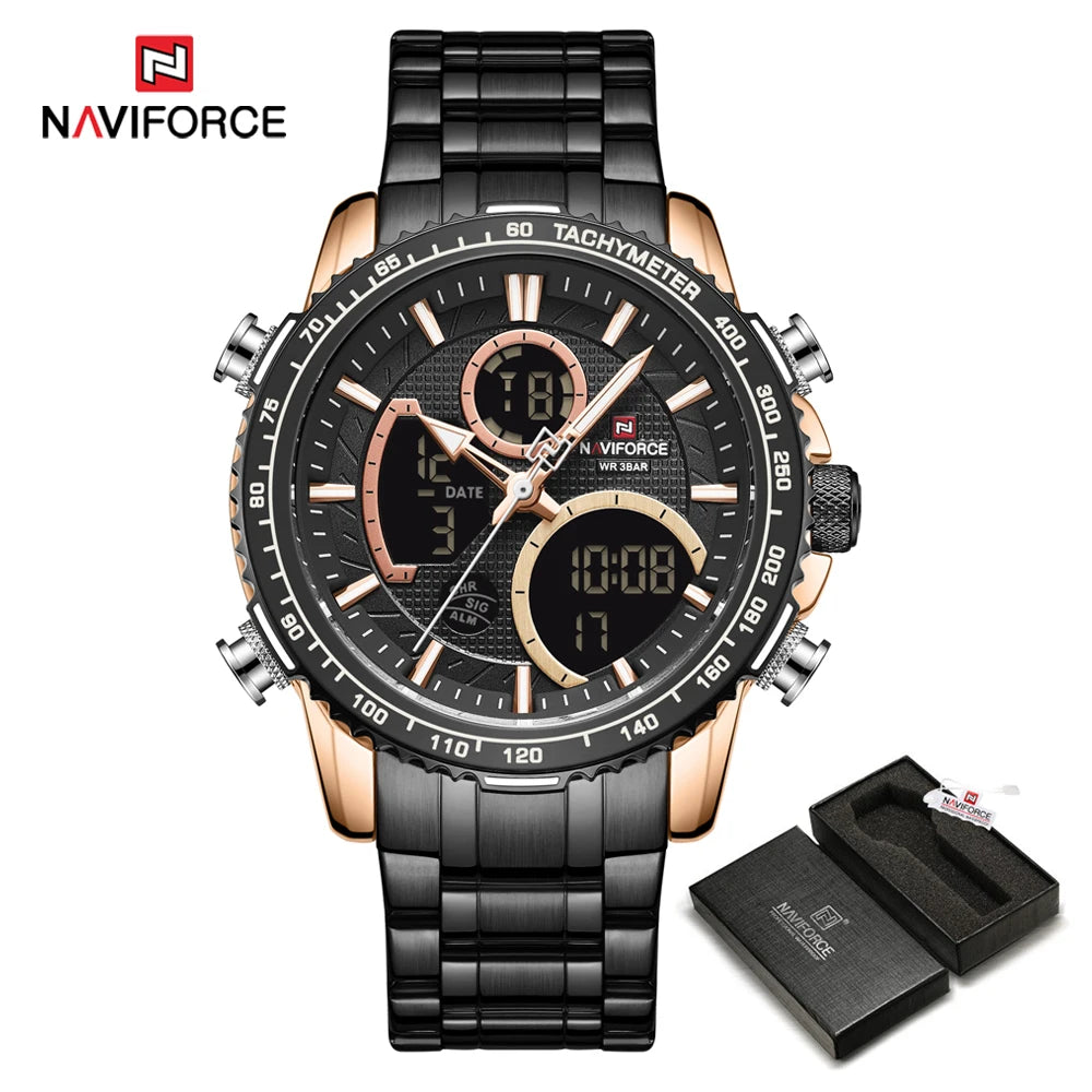 NAVIFORCE Herren-Sportuhr – Originelle Luxus-Armbanduhr aus Edelstahl, wasserdichtes Militärmodell mit doppelter Anzeige