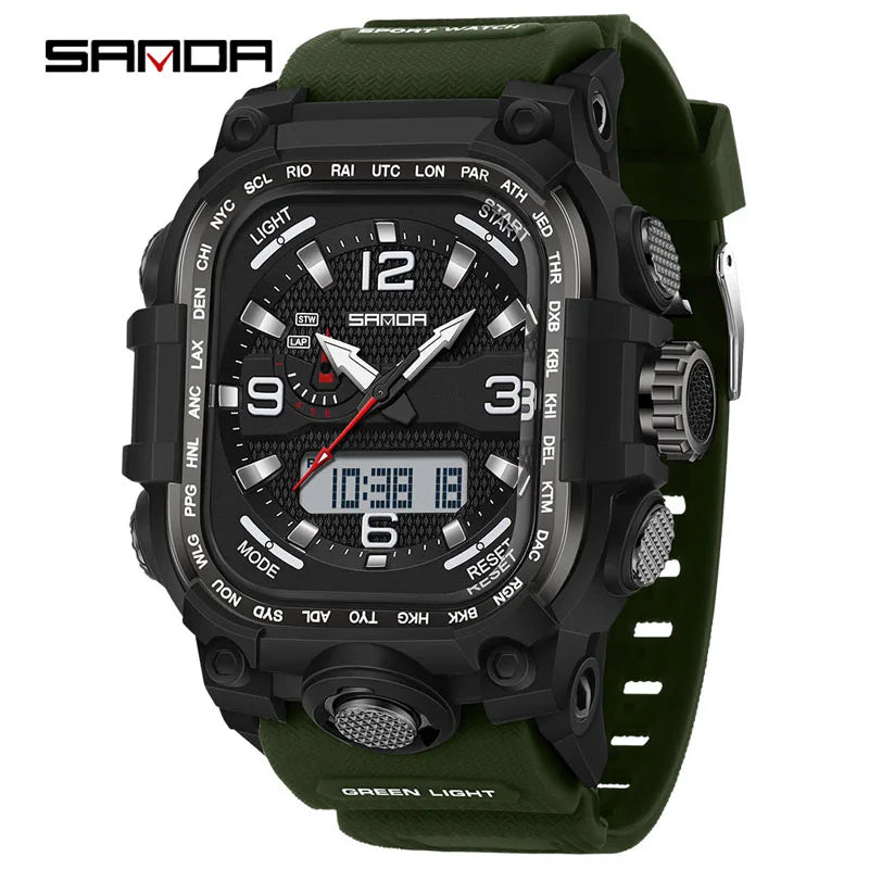 SANDA 6310 Men's Electronic Watch Multifunctional Luminous Alarm Clock Calendar Stopwatch Dual Display Digital Watches for Man