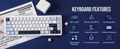 EPOMAKER x AULA F65 65% Layout Wired/Bluetooth 5.0/2.4G Wireless Hot-Swap Gasket-mounted Mechanical Gaming Keyboard for Mac/Win