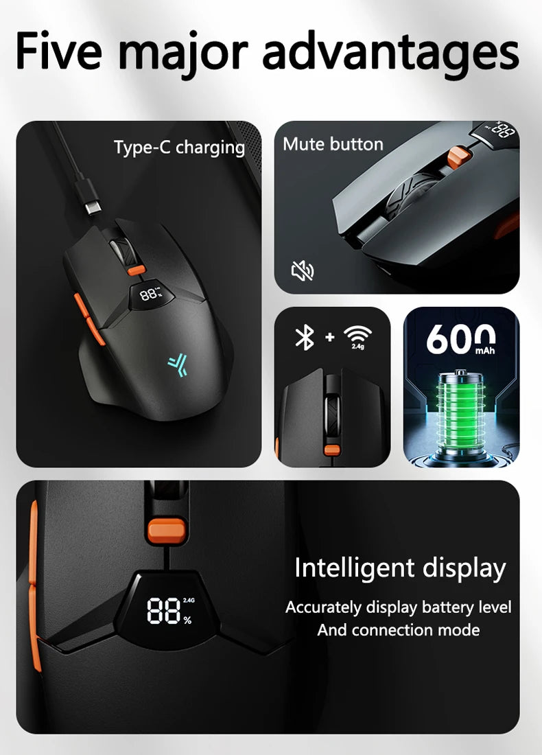 Warvank SX01 trådlös gamingmus med smart skärm, DPI-justering i 6 steg, 600mAh uppladdningsbar tyst Bluetooth-mus för kontor