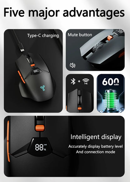 Warvank SX01 trådlös gamingmus med smart skärm, DPI-justering i 6 steg, 600mAh uppladdningsbar tyst Bluetooth-mus för kontor