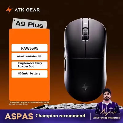 ATK A9 belaidė žaidimų pelė su NearLink technologija, ergonomiška PAW3395, trijų režimų Bluetooth, mažos delsos e. sporto pelė PC