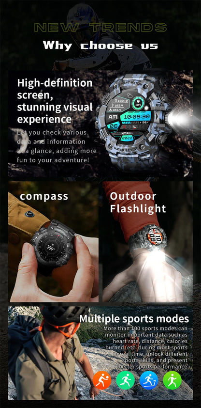 New Military Sports Smart Watch Men 100+ Sports Outdoor Fitness Compass Heart rate BT Call Waterproof Smartwatch For iOS Android