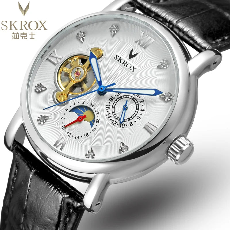 Luxusní pánské mechanické hodinky s automatickým nátahem od renomované značky, vybavené tourbillonem, ukazatelem fáze měsíce a diamanty – elegantní náramkové hodinky.