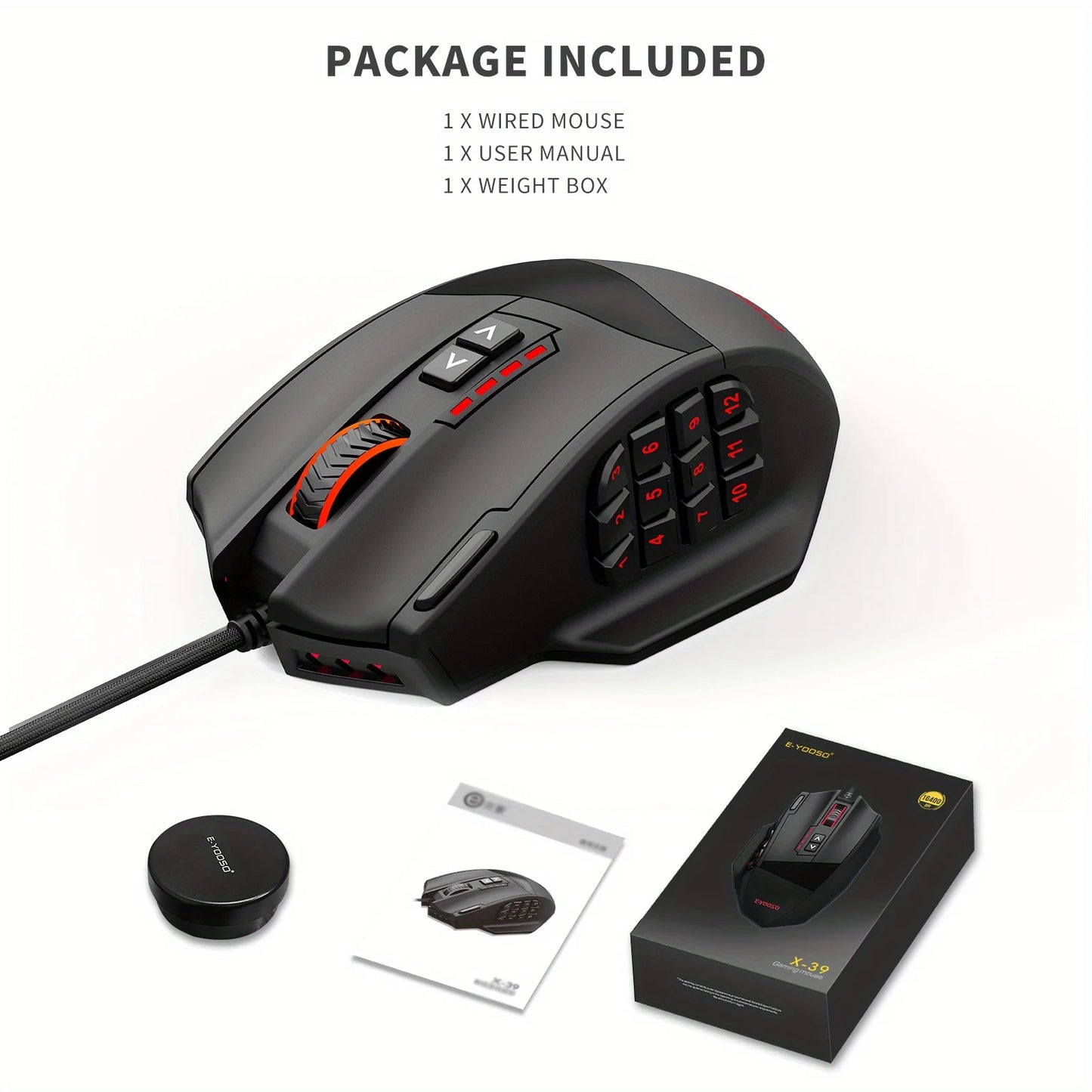 E-YOOSO X-39 програмируема геймърска мишка, кабелна RGB мишка с 18 бутона, 8 сменяеми тежести, 5 DPI нива, ергономичен захват за компютър