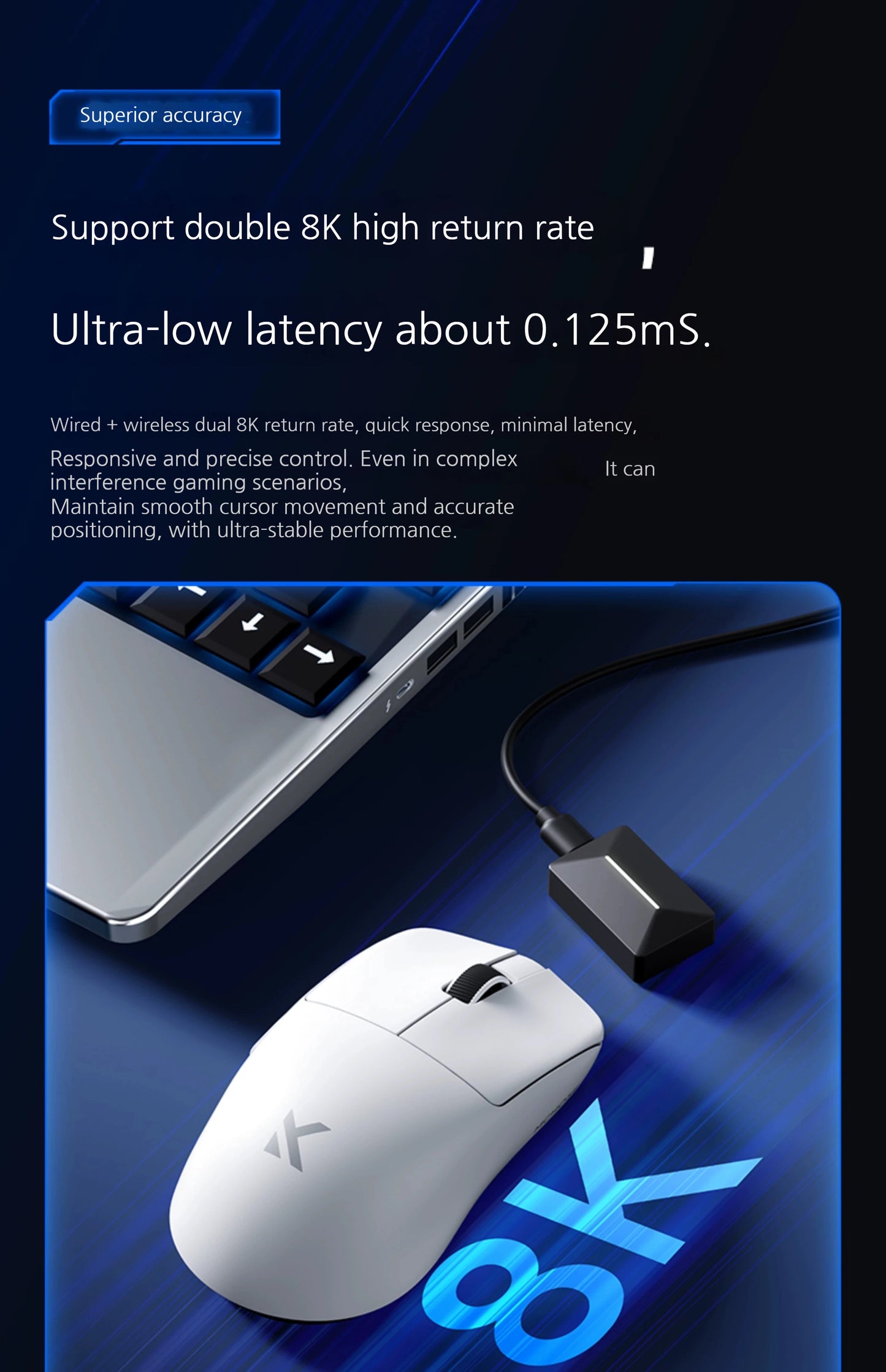 MCHOSE L7 Ultra+ közepes-nagy méretű kézre tervezett gamer e-sport egér, PAW3950, vezeték nélküli, három üzemmódú, könnyű irodai kétmeghajtós számítógépes egér