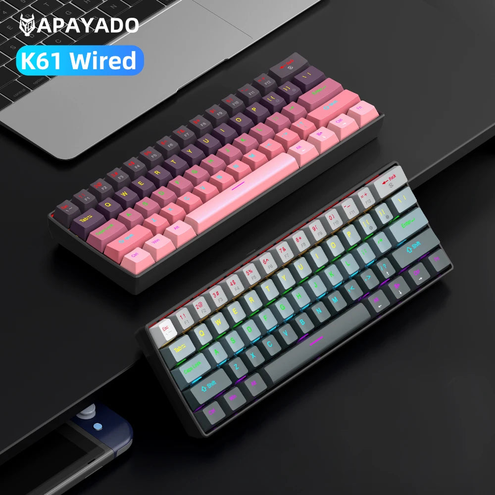 Teclado mecánico mini APAYADO K61, con cable, 61 teclas, Phantom RGB, negro/blanco, interruptor mecánico rojo/azul para gaming, portátil 60%