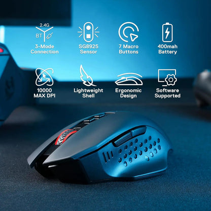 Redragon M656 MAX 3-Mode Wireless Gaming Mouse 10000 DPI Rechargeable Gaming Mice 5 DPI Levels, 7 Macro Buttons, RGB Backlight