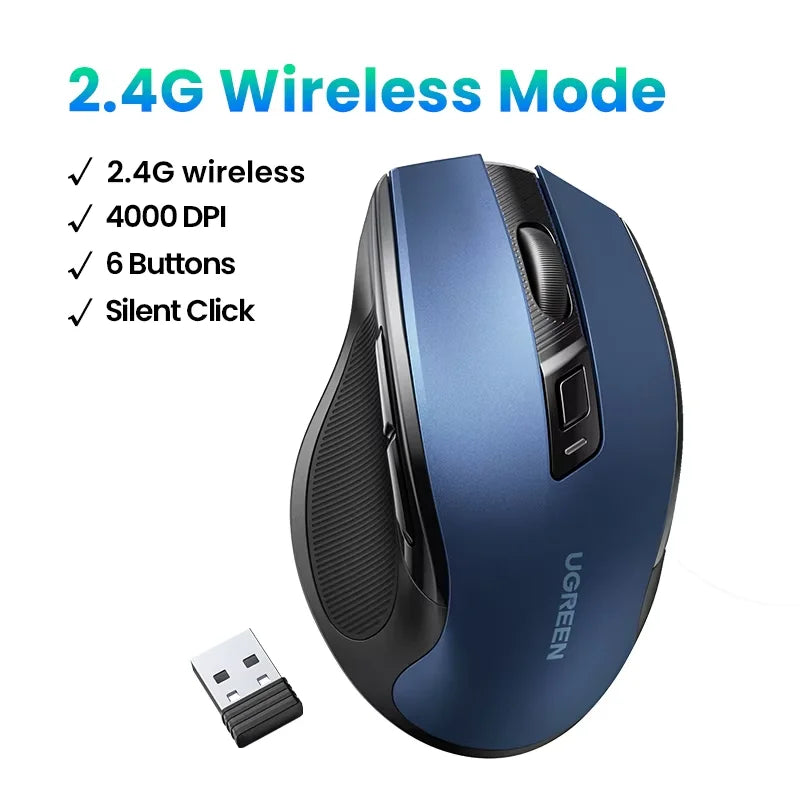 Mouse wireless UGREEN Bluetooth 5.0 ergonomico 4000DPI con 6 pulsanti silenziosi per MacBook, tablet, laptop, computer e PC, mouse 2.4G
