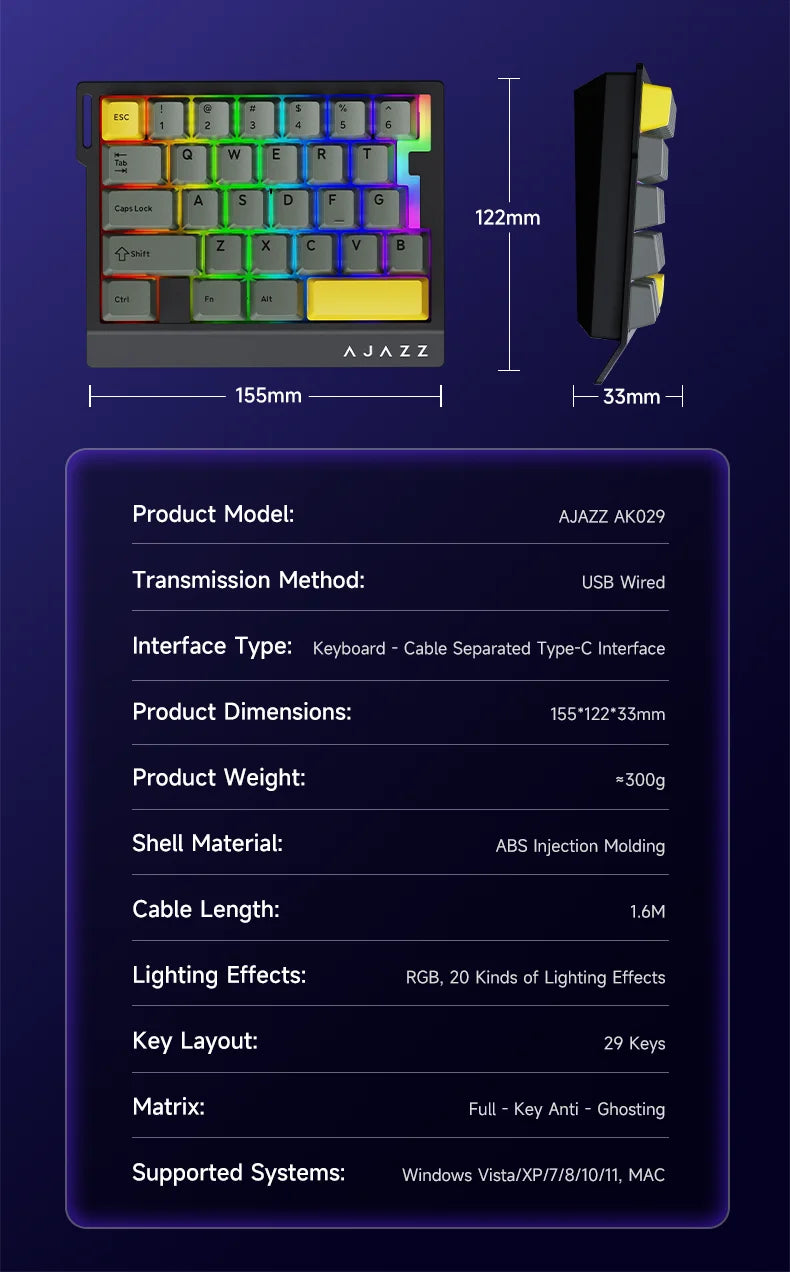 AJAZZ AK029 Wired One Handed Keyboard HE Magnetic Switch 8000Hz 29 Keys RGB Mini Gaming Mechanical Keyboard for PC Gamer