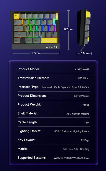 AJAZZ AK029 Wired One Handed Keyboard HE Magnetic Switch 8000Hz 29 Keys RGB Mini Gaming Mechanical Keyboard for PC Gamer