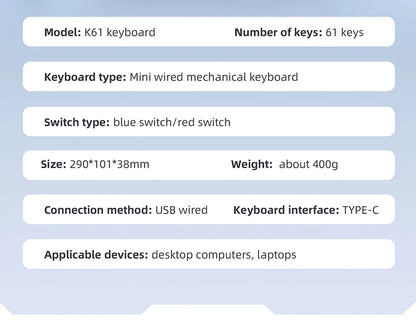 Teclado mecánico mini APAYADO K61, con cable, 61 teclas, Phantom RGB, negro/blanco, interruptor mecánico rojo/azul para gaming, portátil 60%