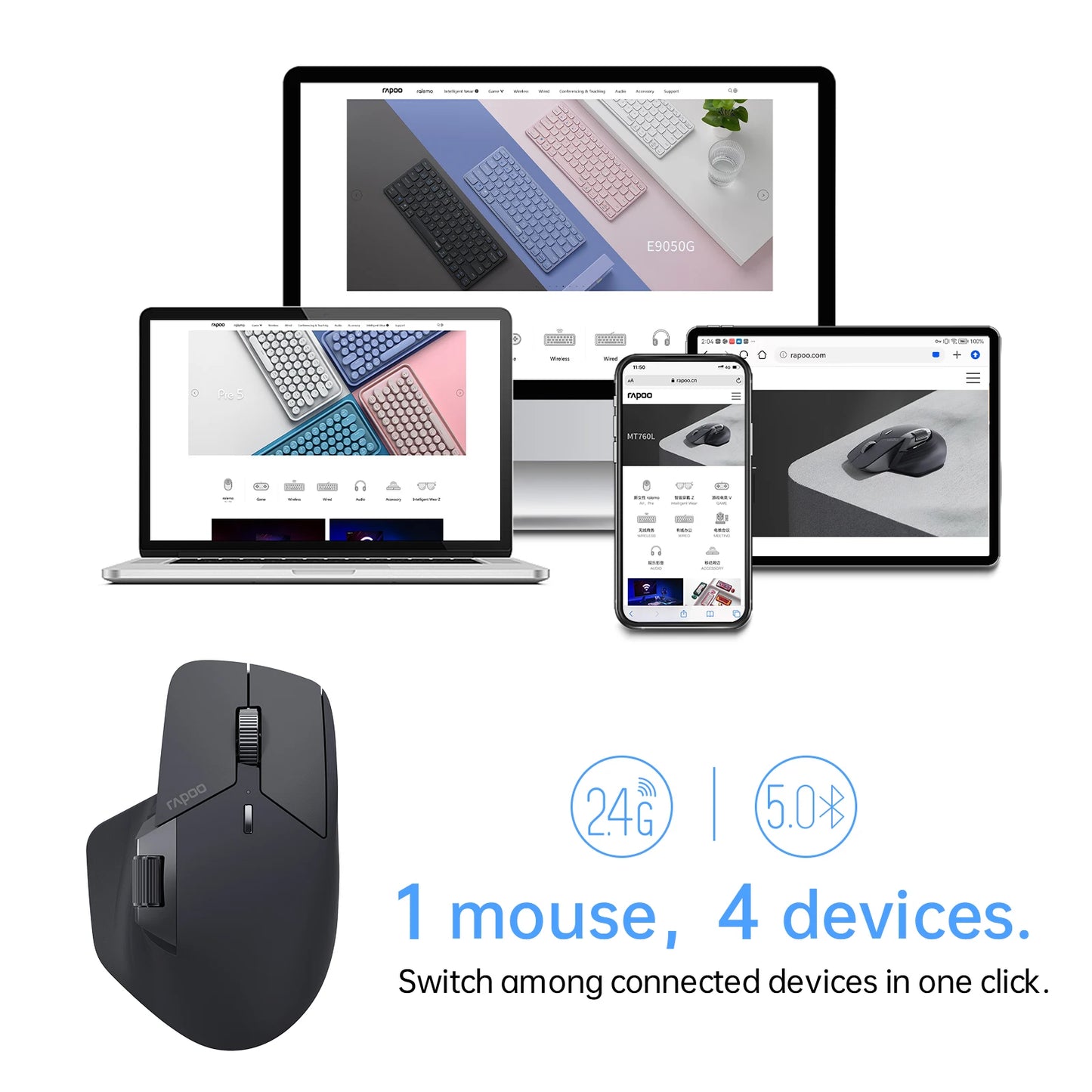Rapoo MT760L/MT760M multimode genopladelig trådløs mus, ergonomisk, 4000 DPI, understøtter op til 4 enheder, Bluetooth-mus