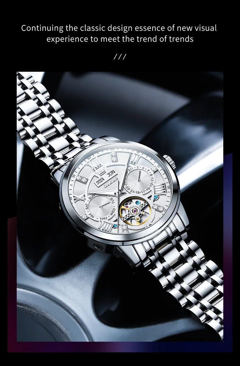OLEVS 6701 Men's Watch Luxury Waterproof Auto Date Mechanical Watch For Men Hollow Skeleton Diamond Wristwatch Luminous Clock