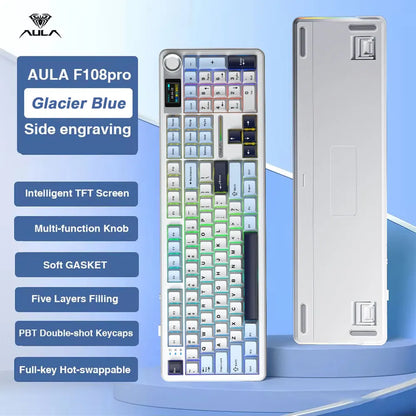 AULA F108 PRO Esports Gaming Mechanical Keyboard Three Mode Custom Multi-Knob RGB Backlight Keyboard with TFT Smart Display