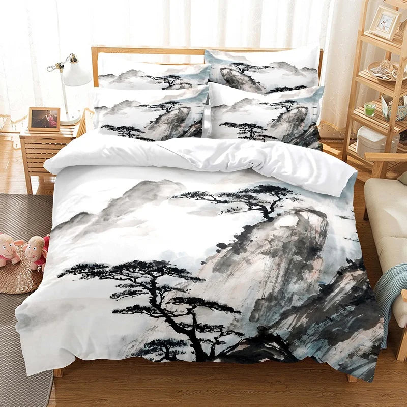 Bamboo Painting Duvet Cover Set Chinese Style Bedding Set Youth Linen Queen Size Bed Comforter Cover Set Fashion Bedding Set