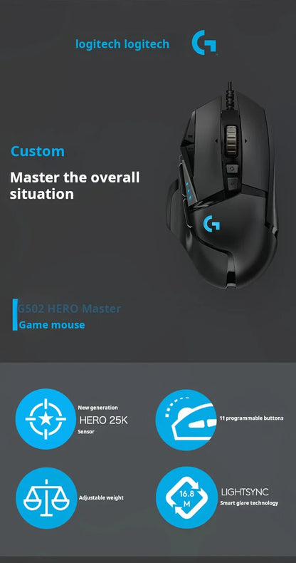 Logitech G502 HERO nagy teljesítményű vezetékes gamer egér HERO 25K érzékelővel, 25,600 DPI, RGB, állítható súlyok, 11 gomb, PC/Mac egér