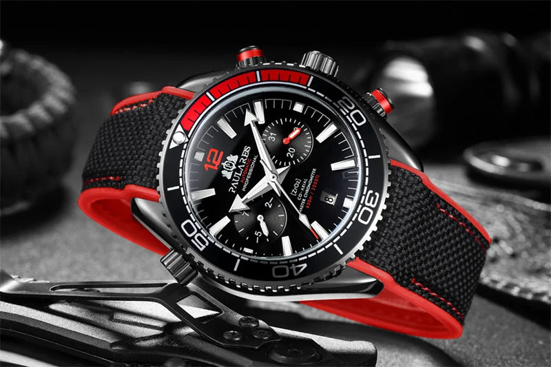 PAULAREIS P Relógio mecânico automático de luxo para homem com corda automática, bracelete em borracha, impermeável, luminoso, com data, relógio de moda masculino