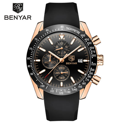 Montres de luxe pour hommes BENYAR – Montres-bracelets à quartz avec bracelet en cuir, étanches jusqu'à 30 m, style sportif.