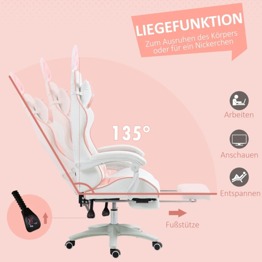 Ergonomic Gaming Chair, Reclinable Gamer Chair 135°, Footrest, Lumbar Cushion and Headrest, Adjustable Height, Pink