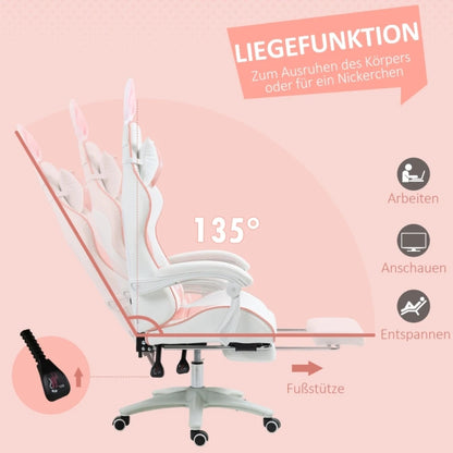 Ergonomic Gaming Chair, Reclinable Gamer Chair 135°, Footrest, Lumbar Cushion and Headrest, Adjustable Height, Pink