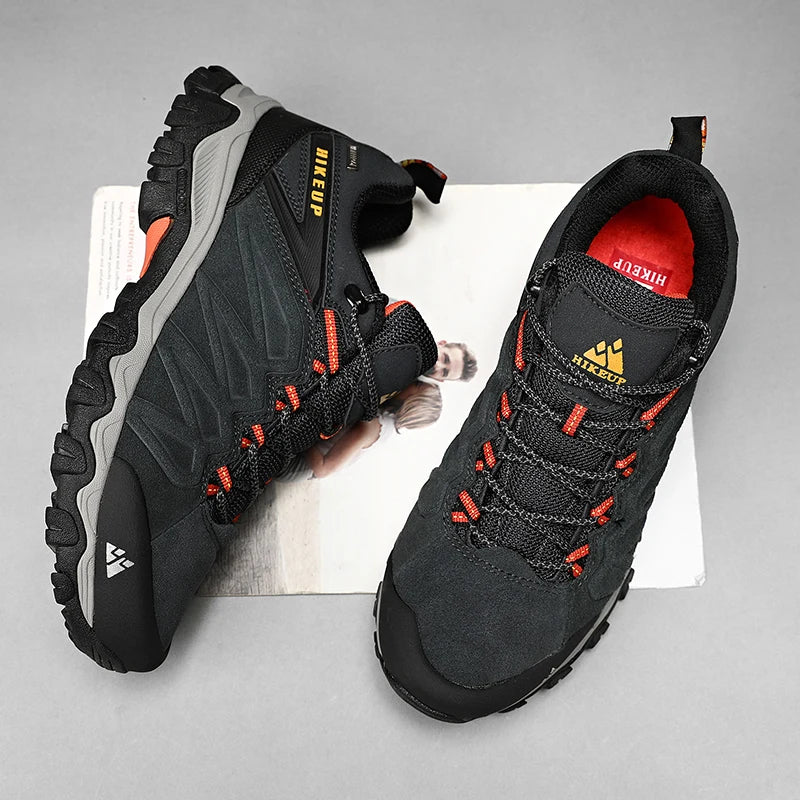 HIKEUP High-Quality Leather Hiking Shoes, Durable Outdoor Sport Men Trekking Leather Shoes, Lace-Up Climbing Hunting Sneakers