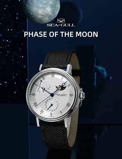 Seagull Men's Business Wristwatch Moon Phase Leather Luxury Automatic Mechanical Men's Watches 50M Waterproof Relogio 6092